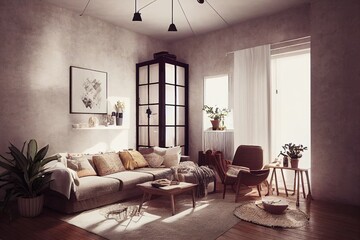 Naklejka na ściany i meble Boho cozy living room design, bright wall mockup, 3d render, 3d illustration
