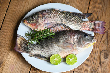 Tilapia with white plate with rosemary lemon lime on wooden background, Fresh raw tilapia fish from the tilapia farm