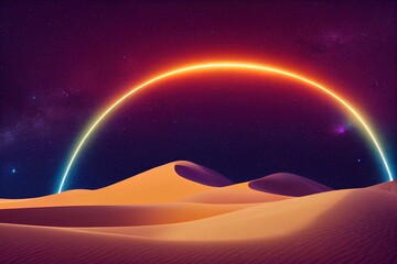 Fototapeta na wymiar Milky Way and Orange light on desert sand dunes,Night colourful landscape with Starry sky,Beautiful Universe with Space background of galaxy.2d banner Star field in night sky for travel background