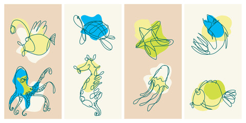 Set of sea animal doodle with pop art style