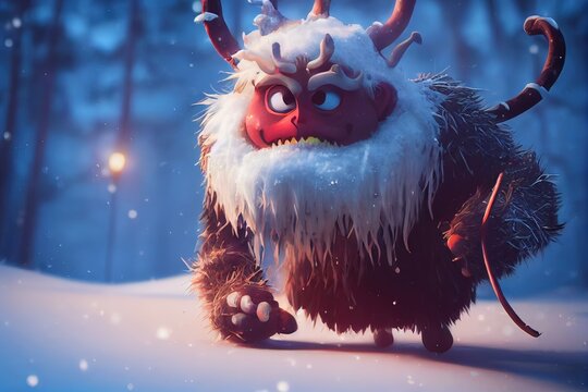 3D Rendered computer-generated holiday Krampus for the 2022-2023 Winter Holiday. Special edition kawaii adorable Krampus with realistic fur texture and animated look