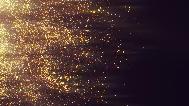 4k Gold Bokeh Particles. Festive motion background. Anniversary template. Glowing particle effect. Xmas 2023. 