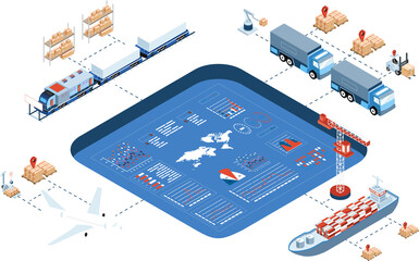 3D isometric Global logistics network concept with Transportation operation service, Export, Import, Cargo, Air, Road, Maritime delivery. PNG illustration