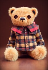 3D Rendered computer-generated holiday Teddy Bear for the 2022-2023 Winter Holiday. Special edition stuffed animal bear with photorealistic soft fluffy fur. Buffalo Plaid red checkered pattern