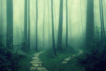Naklejka premium Mysterious path. Mysterious forest. Road in the forest. Misty forest. Enchanted forest. Fog in the woods. Dark woods.