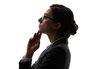 上を見上げて考える女性のシルエット 背景透過PNG 切り抜き写真