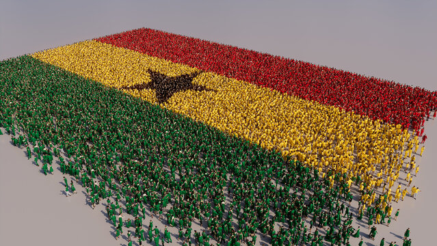 Aerial view of a Crowd of People, coming together to form the Flag of Ghana. Ghanian Banner on White Background.
