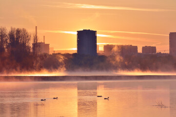 Bright dawn on the banks of the Ob