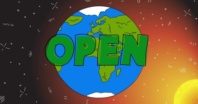 Planet Earth with Open text. Line Art Animation. Cartoon animated space, cosmos on the background.