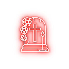Fototapeta premium Tomb cemetery grave candle flower cross neon icon