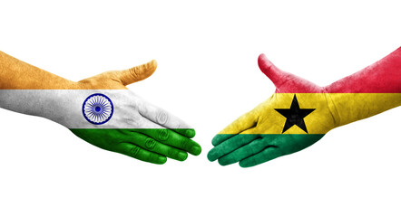 Handshake between Ghana and India flags painted on hands, isolated transparent image.