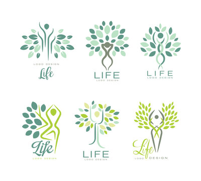Life Logo Design with Human Silhouette as Tree with Lush Leaf Crown Vector Set