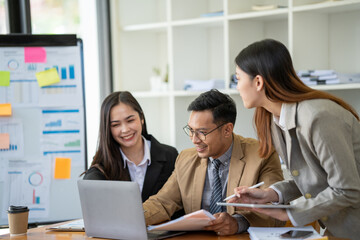 Creative team brainstorm meeting, businesspeople colleague partnership or office coworker teamwork concept.