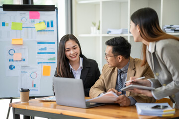 Creative team brainstorm meeting, businesspeople colleague partnership or office coworker teamwork concept.