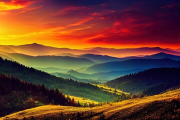 Naklejka na ściany i meble Fantastic view of the sunset over the mountain ranges. Location place Carpathian mountains, Ukraine, Europe. Photo wallpaper. Image of an magical sunset. Summer vacation. Discover the beauty of earth.