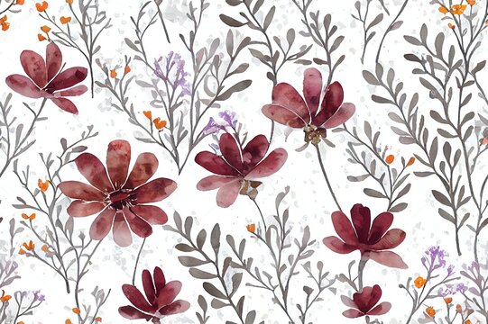 Floral seamless pattern with abstract wildflowers, plants and delicate branches, watercolor print isolated on white background for textile or wallpapers, illustration in provence style.
