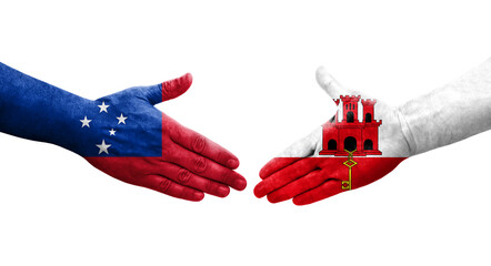 Handshake between Ghana and Samoa flags painted on hands, isolated transparent image.