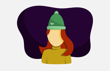 Girl with blue beanie and turtle neck portrait flat vector illustration in winter night. Fall and winter season theme element for website, poster, app design, and company promotion