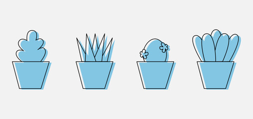 set of line art vector of plants in pot. minimalist simple element for web design, poster, banner, flyer, and company promotion. blue color theme.
