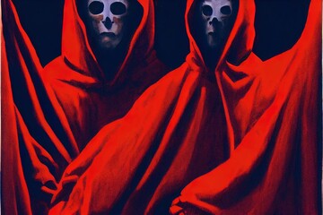 Mystery people in a red hooded cloaks in the dark. Hiding face in shadow. Pointing up with fingers. Satanic symbols. Ghostly figure.