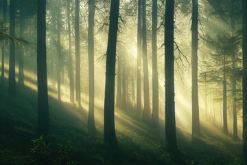 Obraz premium Panoramic view of the majestic evergreen forest in a morning fog. Mighty pine tree silhouettes. Atmospheric dreamlike summer landscape. Sun rays, mysterious golden light. Nature, fantasy, fairytale