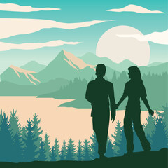 couple walking in green landscape