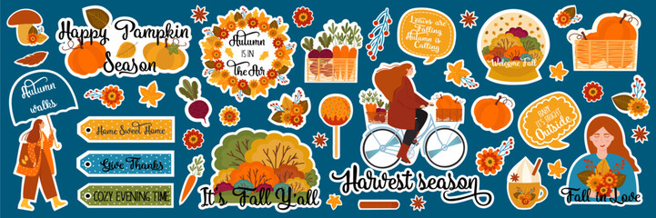 A set of stickers on an autumn theme, bright, autumn stickers, autumn activities, fall theme.