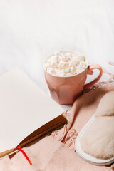 cozy home, coffee, plaid, slippers and an open notebook