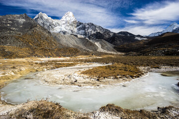 Ama Dablam peak and base camp in the Himalaya in Nepal. This is a popular day trip along the...