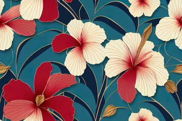 Hawaiian hibiscus and tribal element fabric patchwork abstract vintage 2d seamless pattern