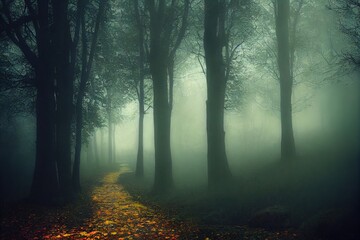 Geheimnisvoller Weg. Wanderweg im dunklen, nebligen, herbstlichen, nebligen Wald.