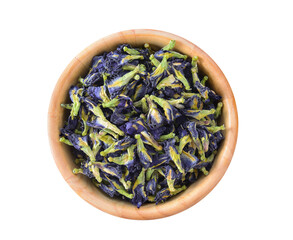 Dried pea flower in wood bowl on transparent png