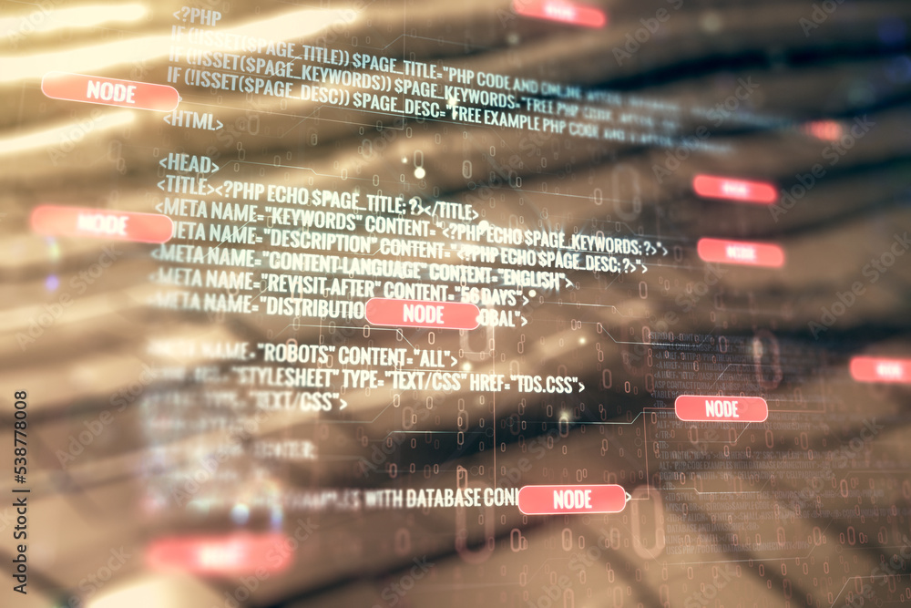 Poster double exposure of abstract creative programming illustration on shiny metal background, big data an