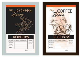 coffee label packaging of drawing and vector. coffee banner for promotion digital of coffee bean. poster coffee and sticker label. set of coffee packaging label sticker