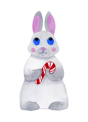 Christmas bunny with a candy cane. Christmas watercolor illustration. The illustration is used for design, Christmas decoration, greeting cards, and holiday invitations.