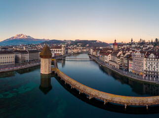 Lucerne, Switzerland: Aerial view of Lucerne old town along the Reuss river with the famous Chapel's bridge in Central Switzerland