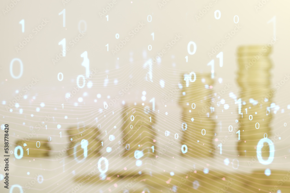 Poster abstract virtual binary code hologram on coins background, ai and machine learning concept. multiexp