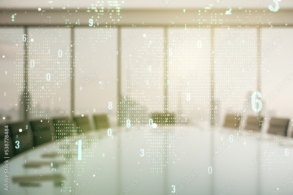 Leinwandbilder multi exposure of abstract software development hologram and world map on a modern meeting room back