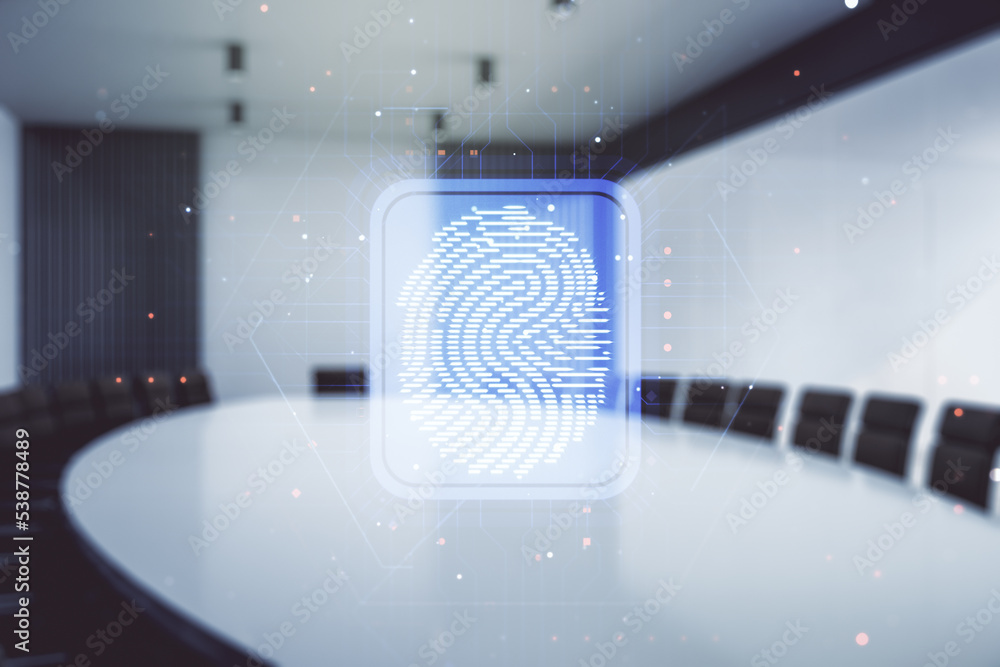 Aufkleber multi exposure of virtual graphic fingerprint sketch on a modern furnished classroom background, fin