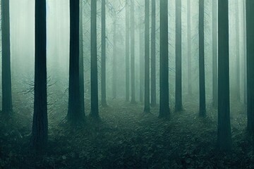 Naklejka premium A panoramic picture of a dark forest with straight pine tree trunks that gives a creepy feeling