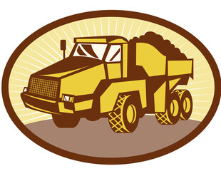 illustration of a mining Tipper dumper dump truck or lorry set inside an ovall done in retro woodcut style.