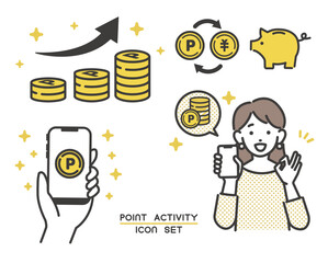 ポイ活でポイントをたくさんゲットする女性のベクターイラスト素材／ポイ活／嬉しい