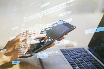 Abstract creative coding illustration with finger clicks on a digital tablet on background, software development concept. Multiexposure
