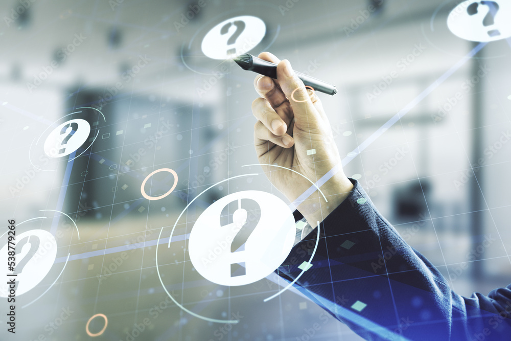 Aufkleber man hand with pen working with abstract virtual question mark illustration on blurred office backgro