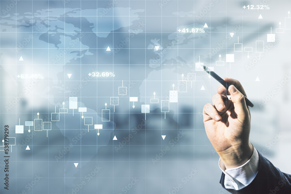 Poster multi exposure of analyst hand with pen working with virtual abstract financial graph and world map 