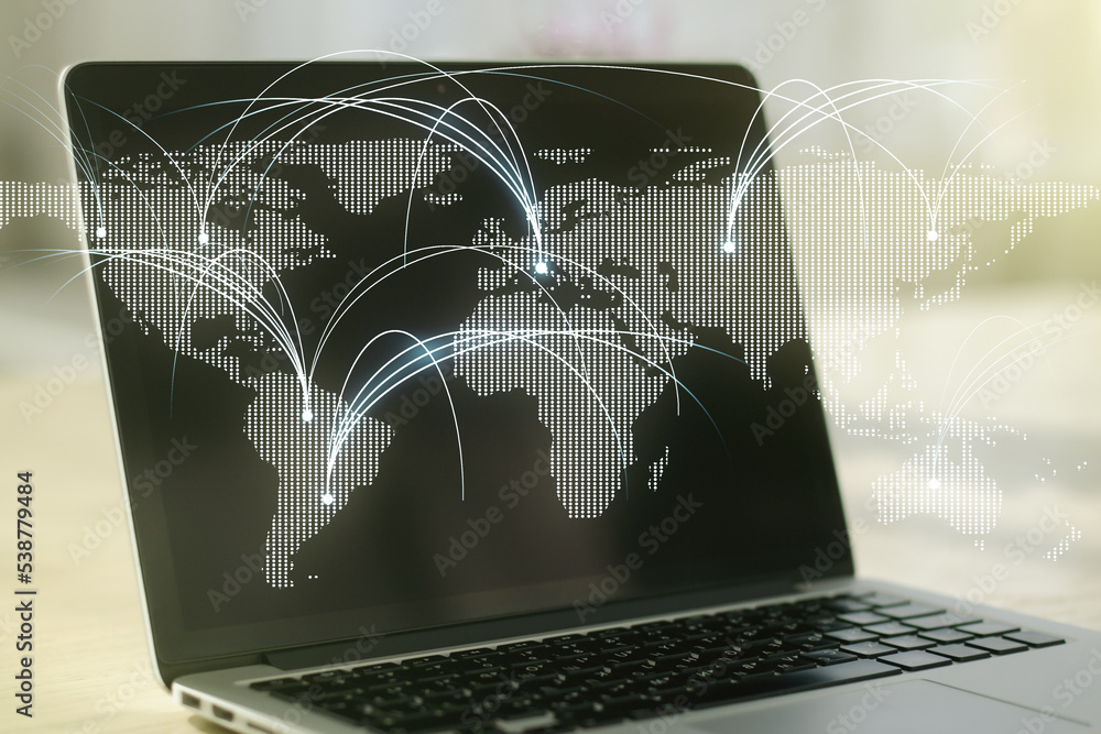 Poster double exposure of abstract digital world map with connections on laptop background, research and st