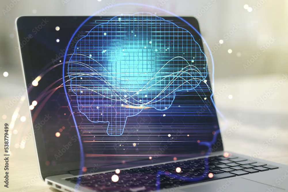 Poster double exposure of creative human head microcircuit with computer on background. future technology a