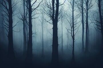 Obraz premium A spooky concept of trees silhouetted in a dark spooky forest in winter. With a grunge, artistic, edit