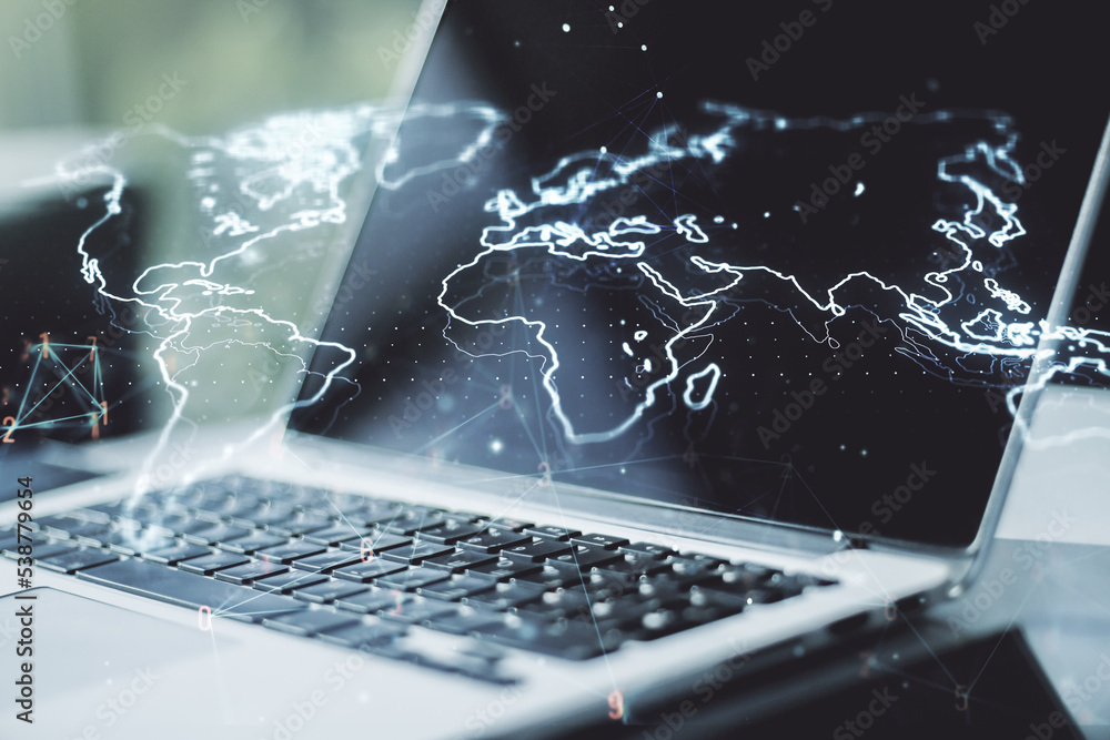 Poster multi exposure of abstract graphic world map on computer background, connection and communication co