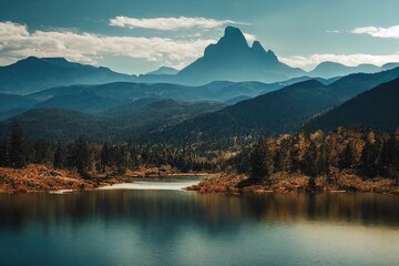 Naklejka premium A small mountain lake among the rocks. Beautiful mountain lake landscape. Amazing mountain lake panorama. Lake in mountains